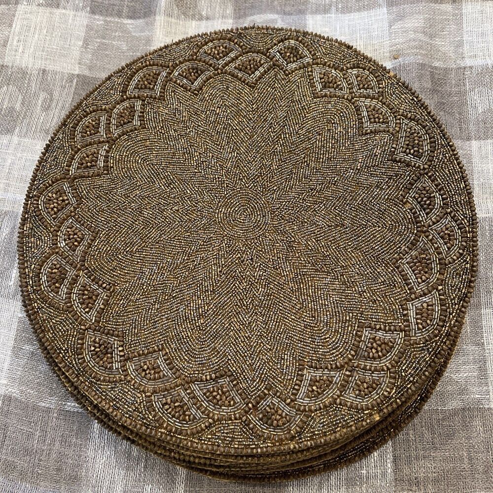 Rare Kim Seybert Bronze Glass Bead &Stone Round Placemats Set of 11/See Details